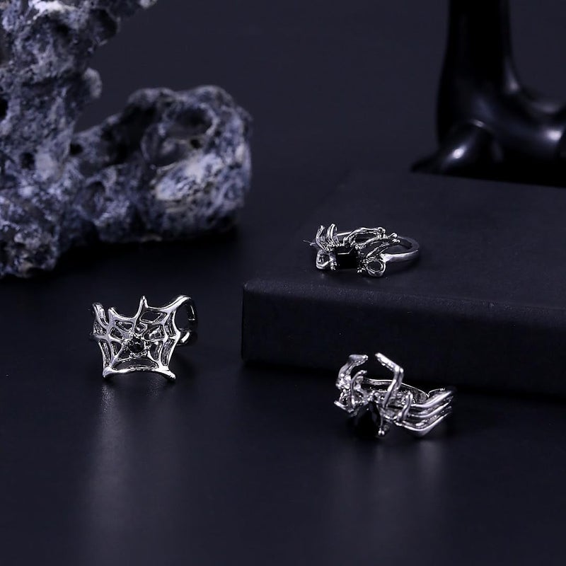 ANGLEQUEEN Punk Halloween Spider Rings for Women Knuckle Black Spider Web Bat Ring Gothic Vintage Dark Crystal Ring Red Rhinestone Statement Rings Halloween Witch Jewelry - Image 4